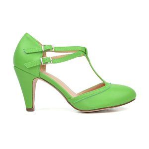 Green Women's Mary Jane T-Strap Round Toe Pump
